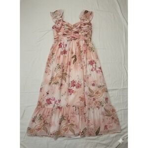 AZAZIE Peach Floral Print Ruched Chiffon Maxi Dress Flutter Sleeves Sz 16A